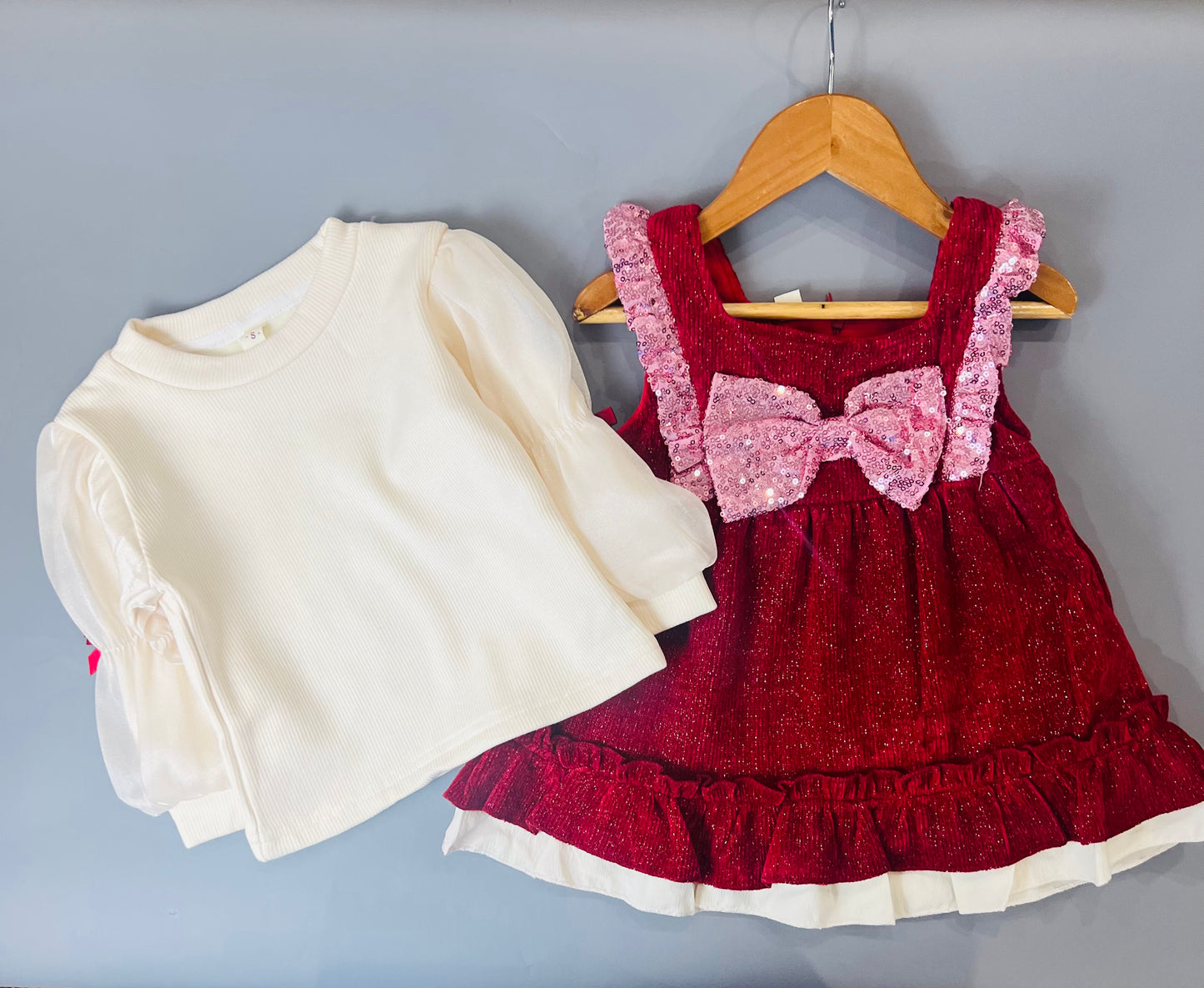 Baby Velvet Solid Frock With Bag - IMPORTED