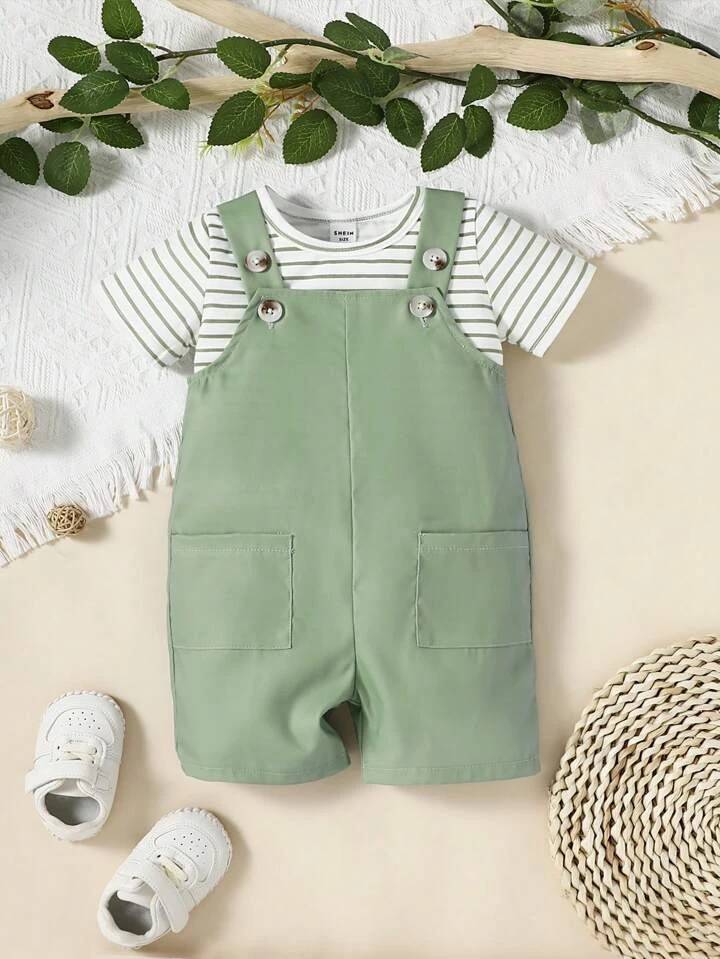 Striiped Tee & dAL Pocket Overall Romper Set