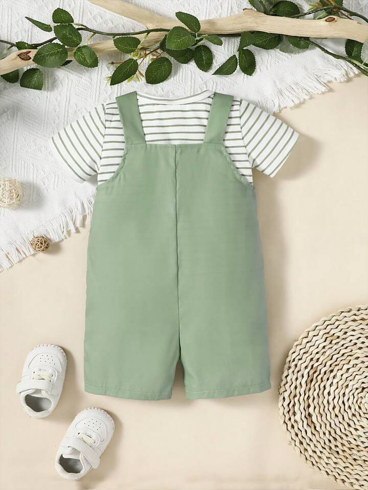 Striiped Tee & dAL Pocket Overall Romper Set