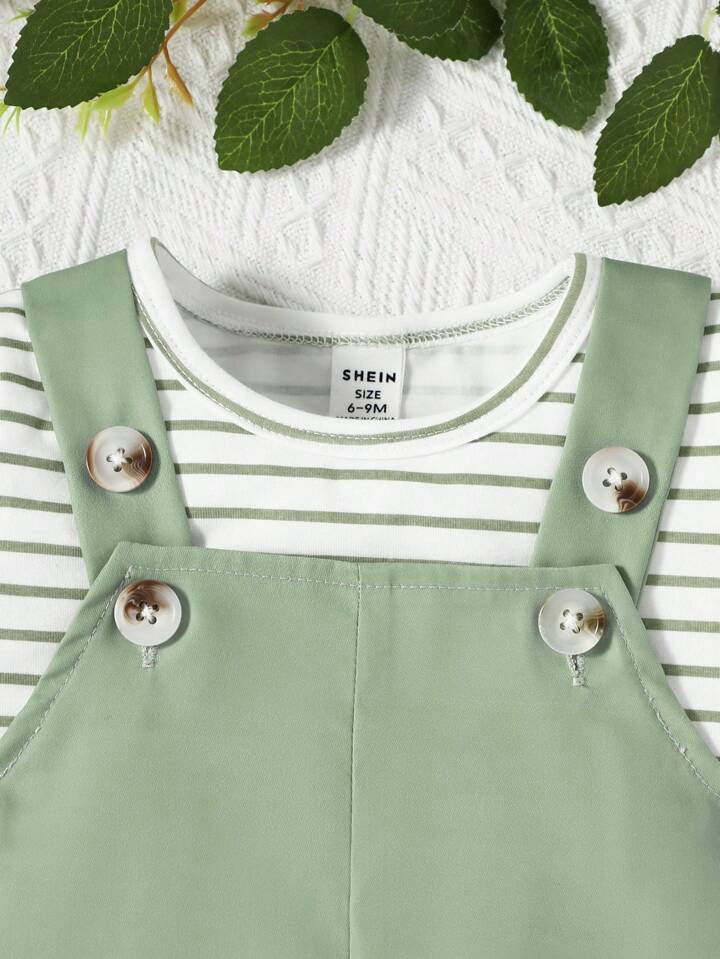 Striiped Tee & dAL Pocket Overall Romper Set
