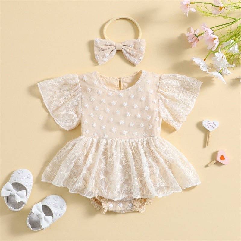 Infant 2Pc Lace Tie-up Daisy Mesh Dress