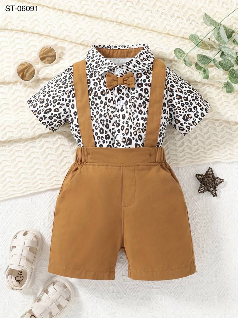Baby Boy Leopard Shirt & Suspender Shorts