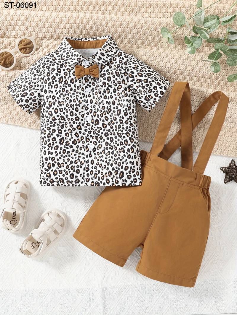 Baby Boy Leopard Shirt & Suspender Shorts