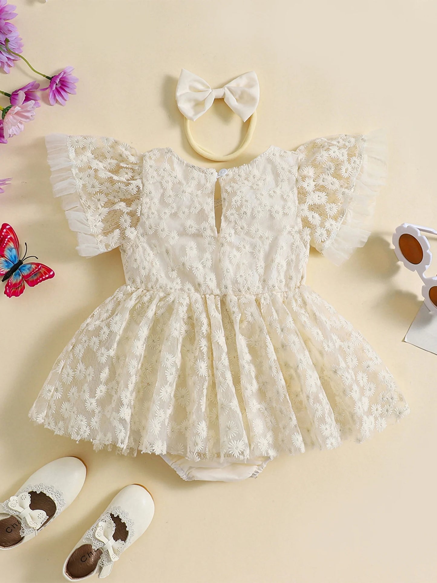 Infant 2Pc Lace Tie-up Daisy Mesh Dress