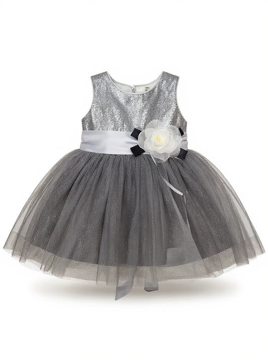 Baby Floral Frock- Grey - IMPORTED