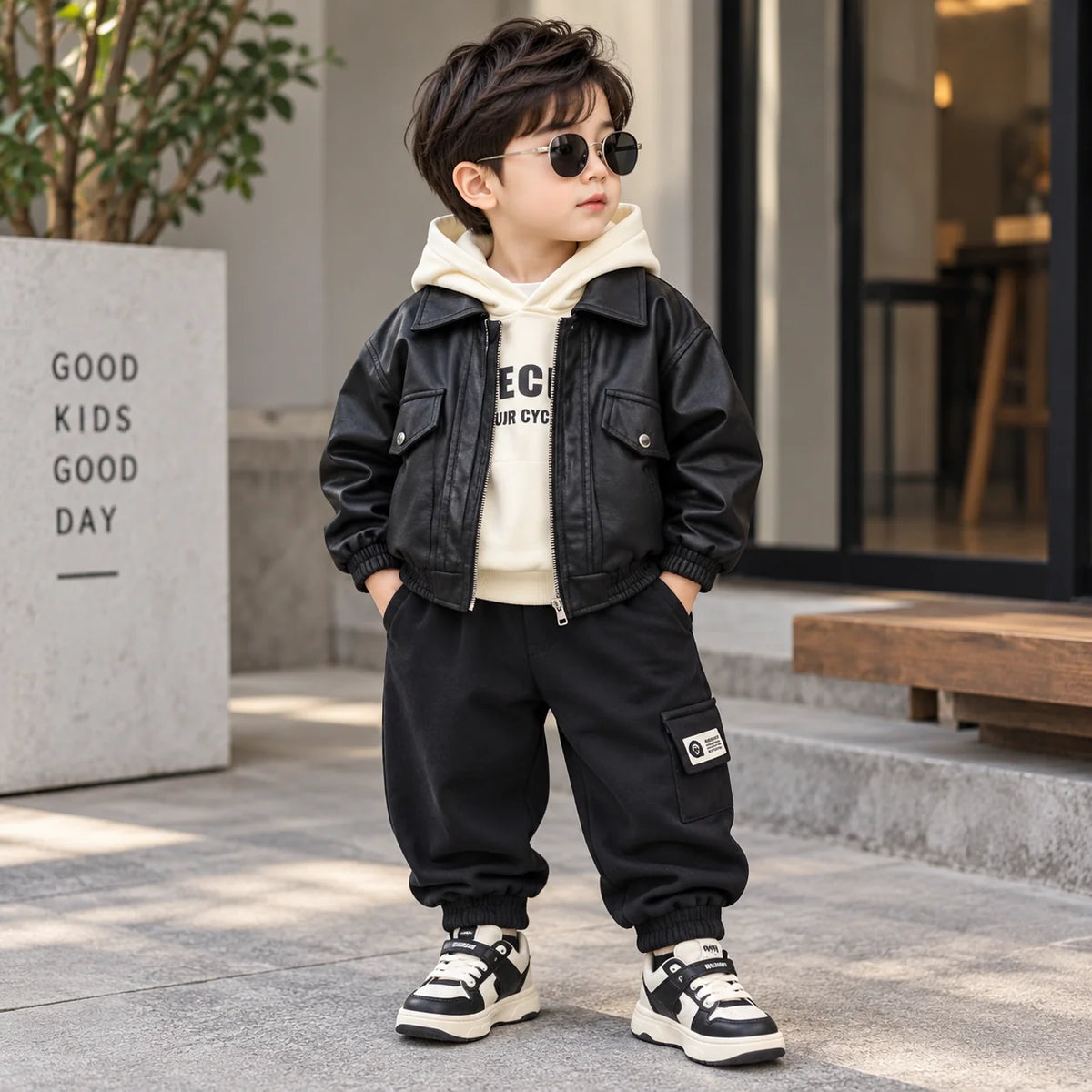 Premium Baby Leather Jacket With Hoodie (3PC) Set - IMPORTED