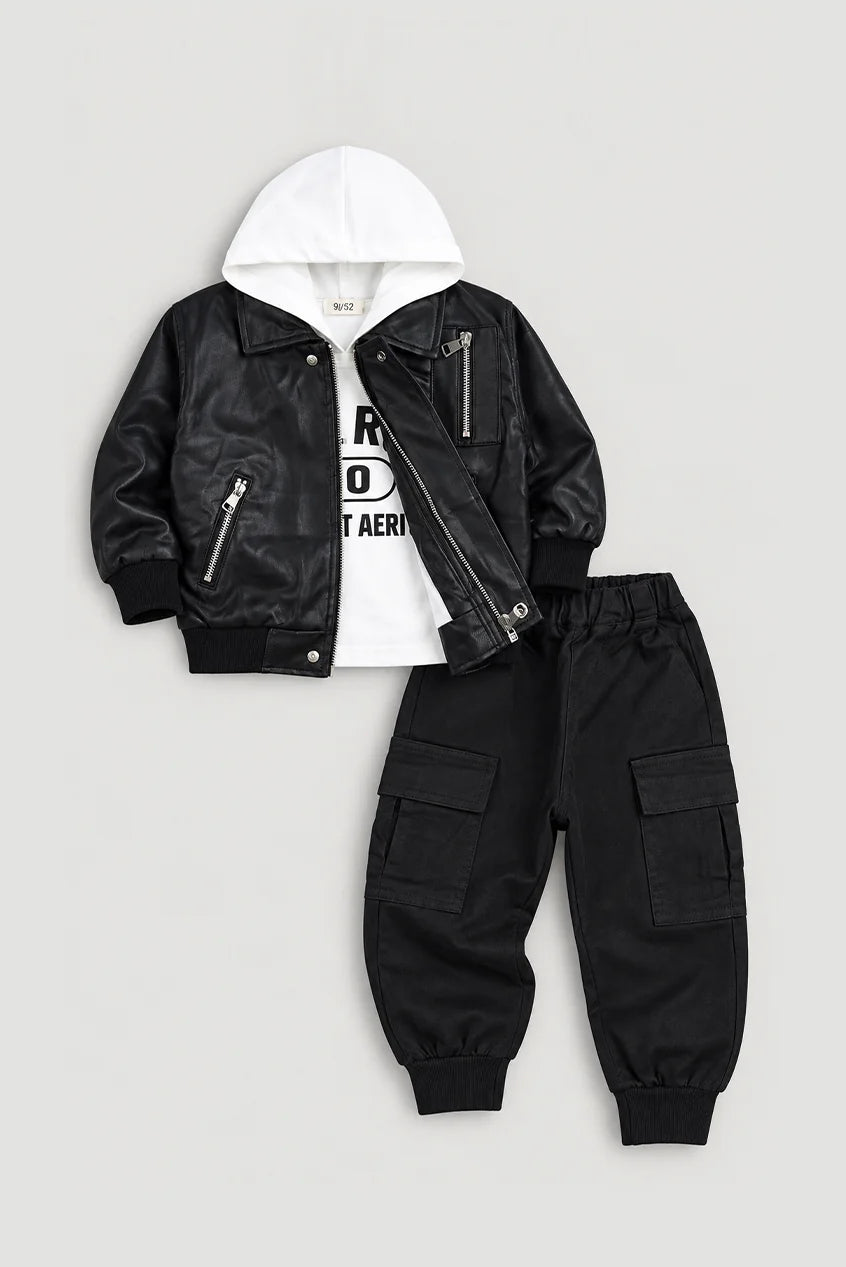 Premium Baby Leather Jacket With Hoodie (3PC) Set - IMPORTED