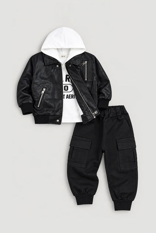 Premium Baby Leather Jacket With Hoodie (3PC) Set - IMPORTED
