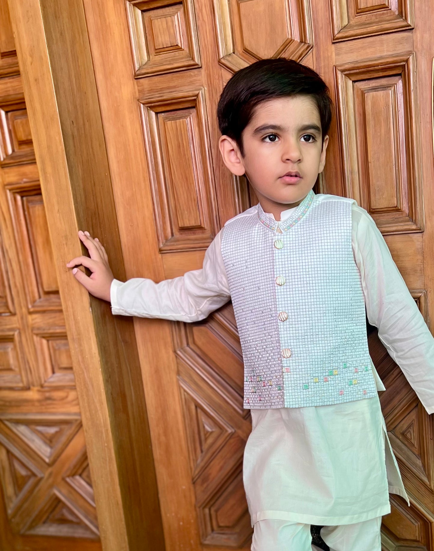 Kurta Pajama with Waist Coat- Boski and Plain White