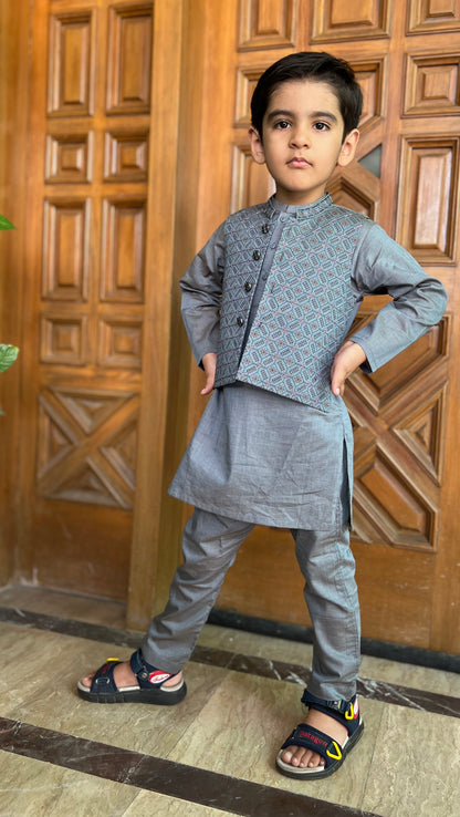 Kurta Pajama with Waistcoat- Grey