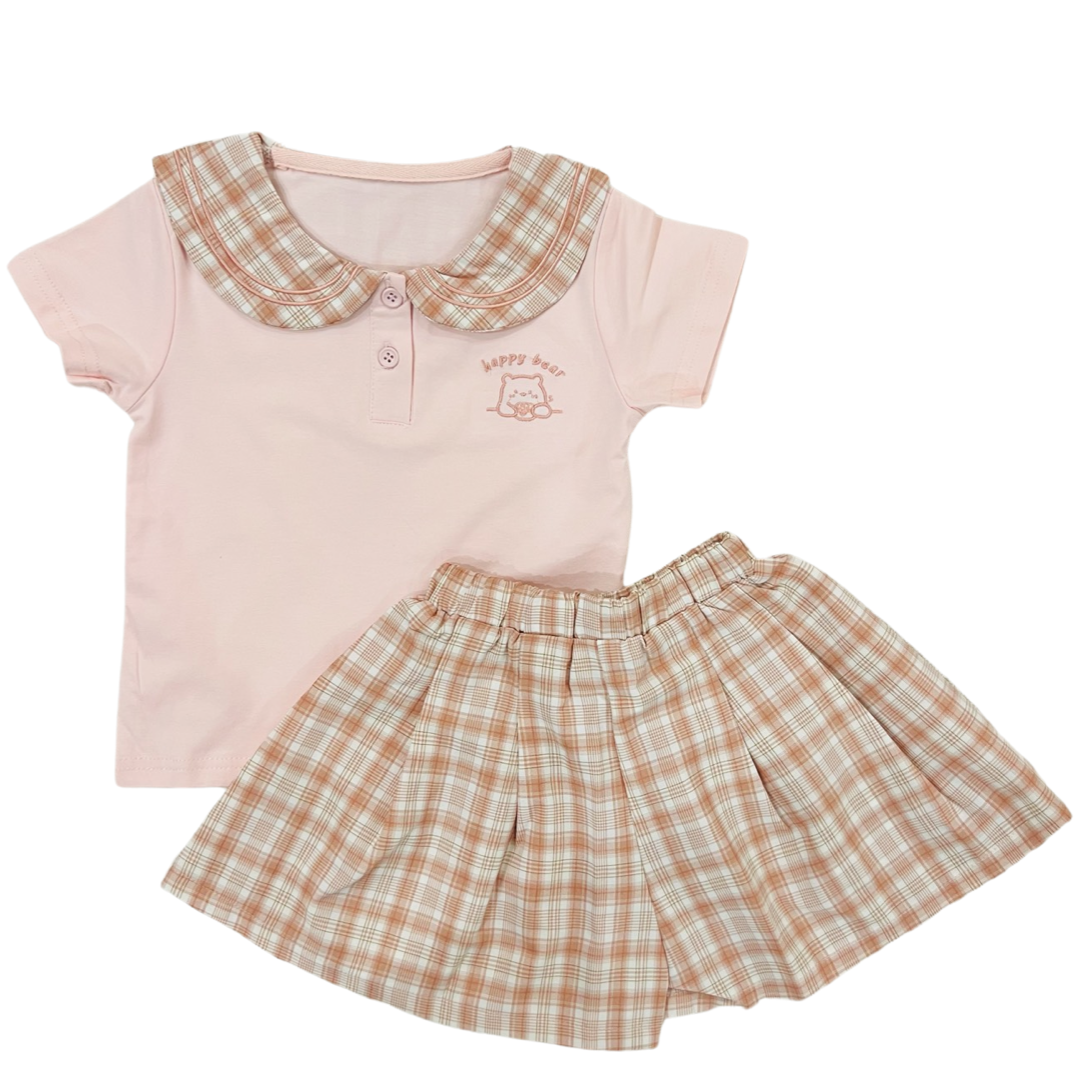 Bear Theme Set-  Shirt with Skirt - Pink & Green