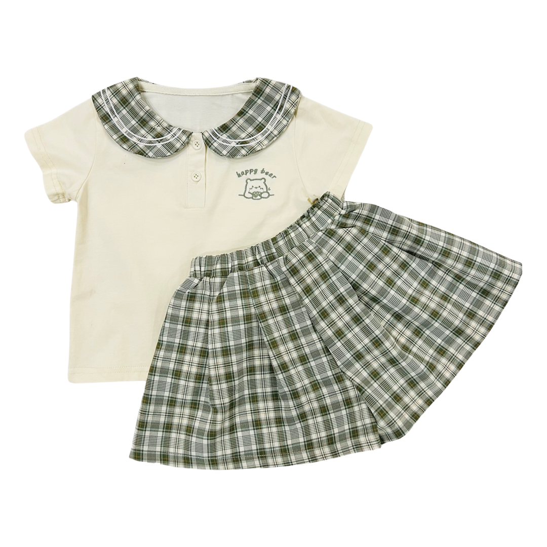 Bear Theme Set-  Shirt with Skirt - Pink & Green